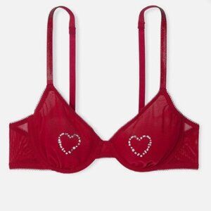 Victoria's Secret Unlined Bra 38D New Red Underwire Crystal Hearts shine VS